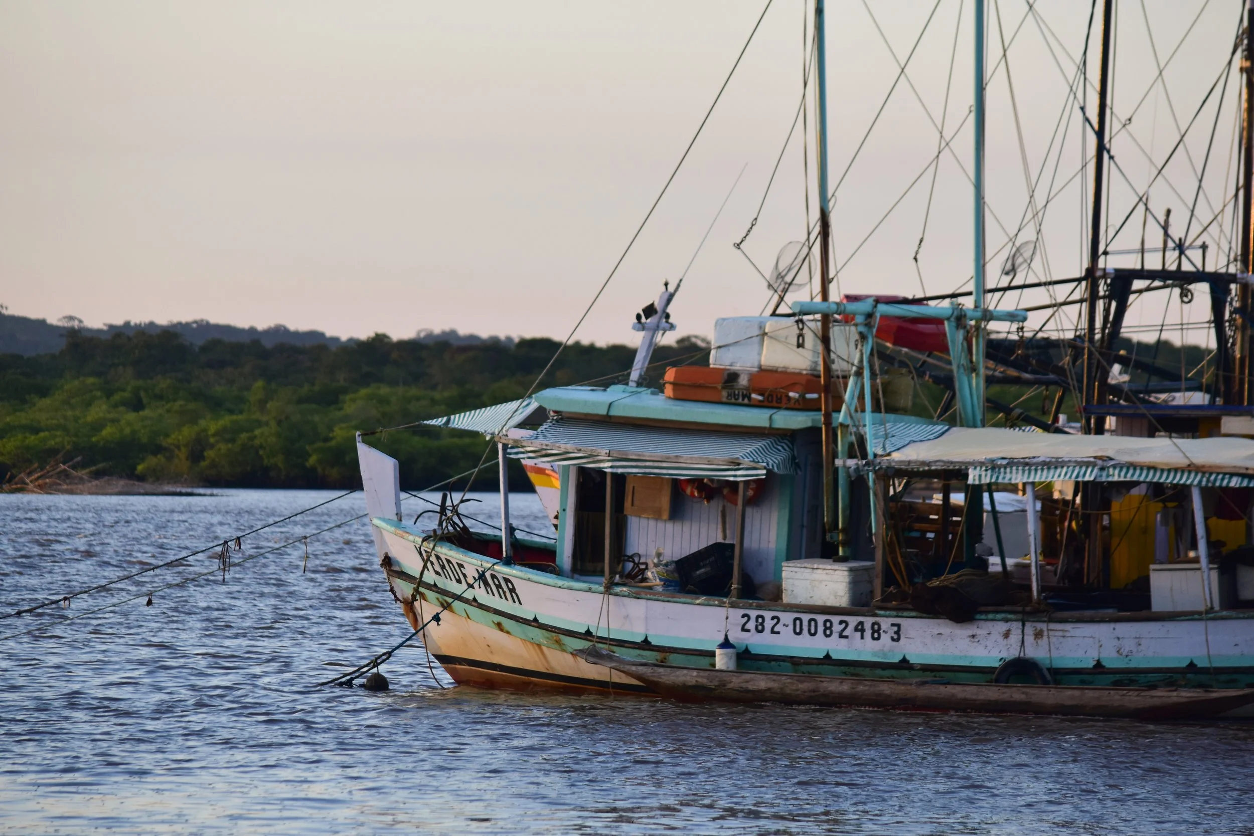 A boat floating on a body of water with a green shoreline and trees in the background, during sunset.