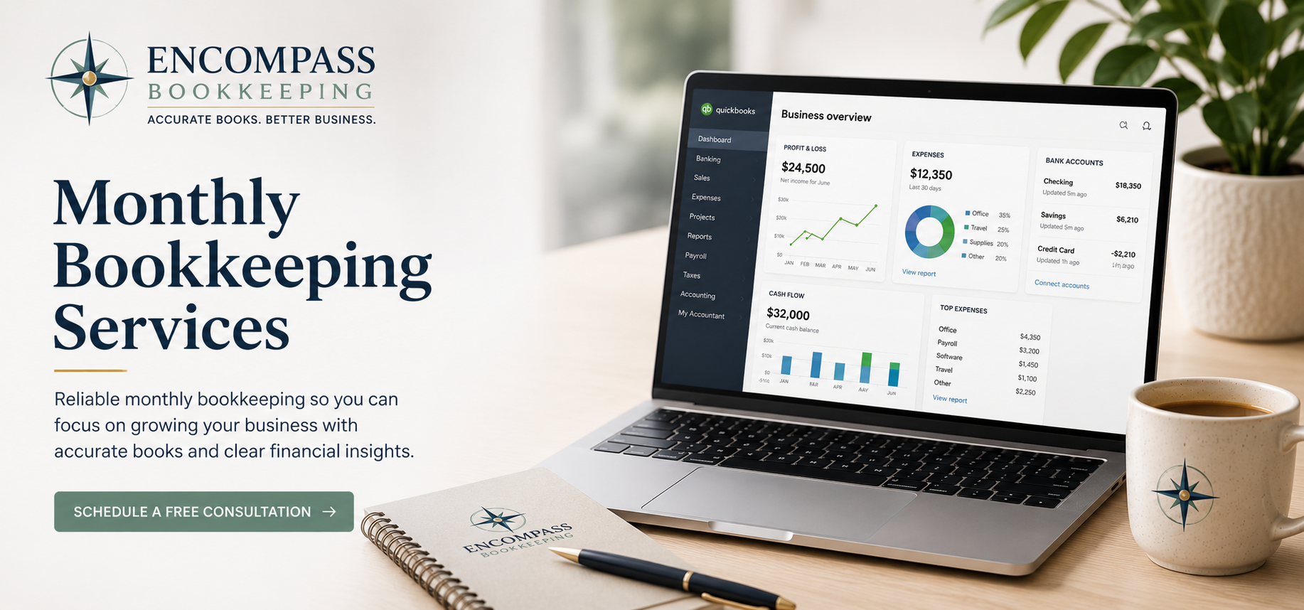 Digital business dashboard on a laptop screen showing profit, expenses, bank accounts, cash flow, and top expenses charts for bookkeeping services. A notebook and a pen with the Encompass Bookkeeping logo are on the desk, alongside a cup of coffee, and a potted plant in the background.