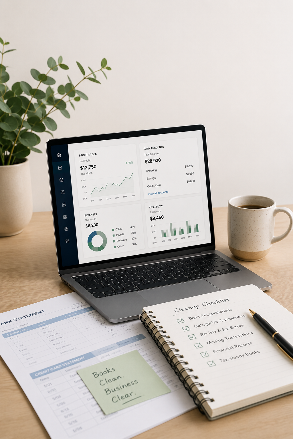A workspace with a laptop displaying financial data, a clipboard with a cleanup checklist, printed bank statement, a sticky note that says 'Books. Clean. Business. Clear.', and a cup of coffee, with a potted plant in the background.
