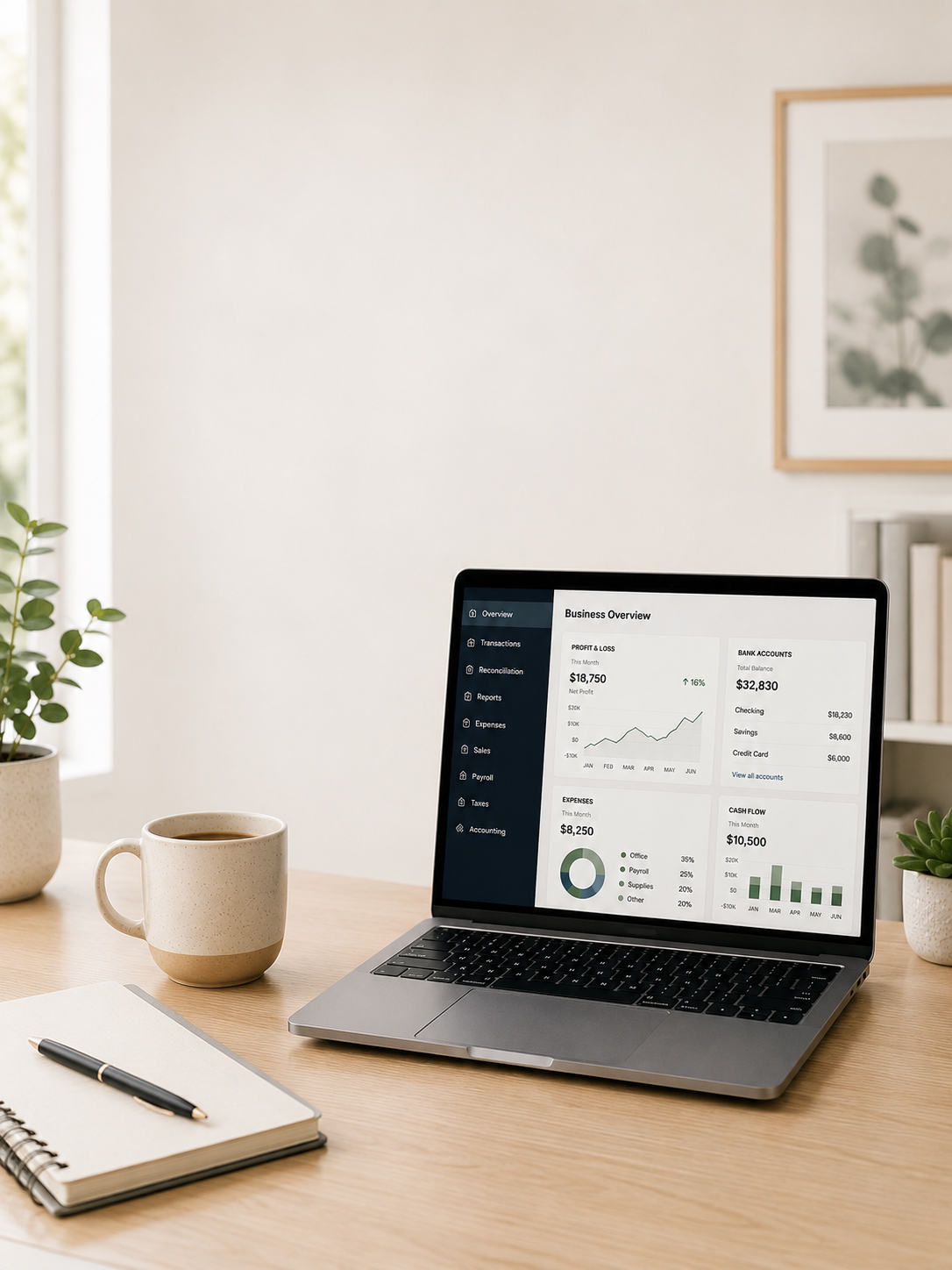 Laptop displaying a business overview dashboard on a wooden desk with a notebook, pen, potted plant, and a cup of coffee in a well-lit room.