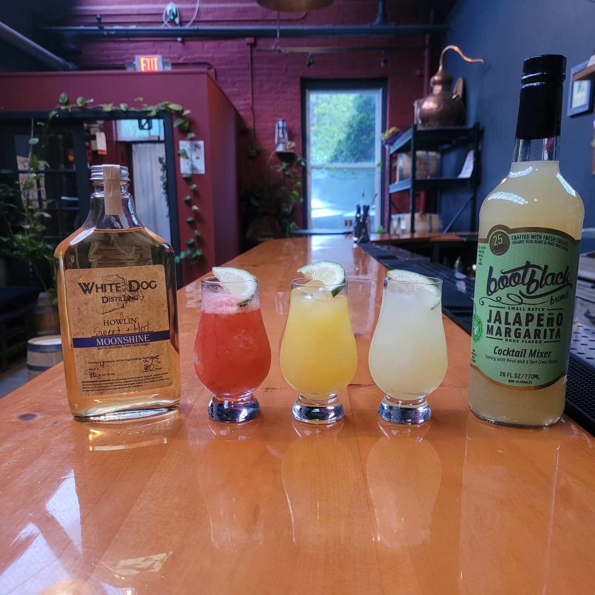 Cinco De Mayo Shinegarita flights all weekend long! \
(Strawberry, Spicy Pineapple, Jalapeno)
free chips and salsa while supplies last, 
Spicy Pineapple Shinegarita: Spicy is easy with White Dog and Bootblack Margarita mix!