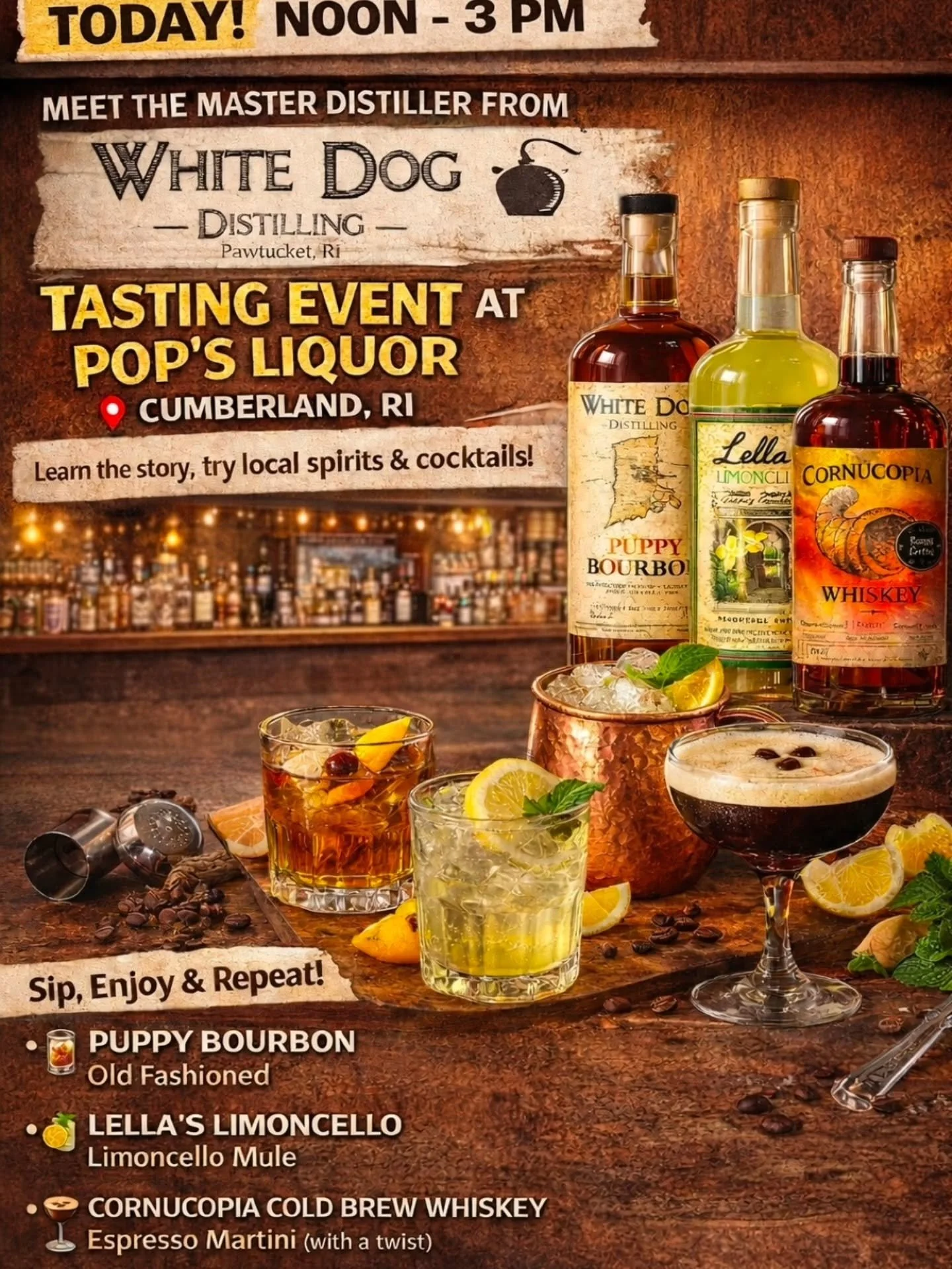 👋 TODAY | Noon&ndash;3 PM 👋

The Master Distiller from White Dog Distilling is hanging out at Pop&rsquo;s Liquor Store in Cumberland today&mdash;and he&rsquo;s bringing the good stuff.

Come sip, chat, and taste your way through locally crafted Rho