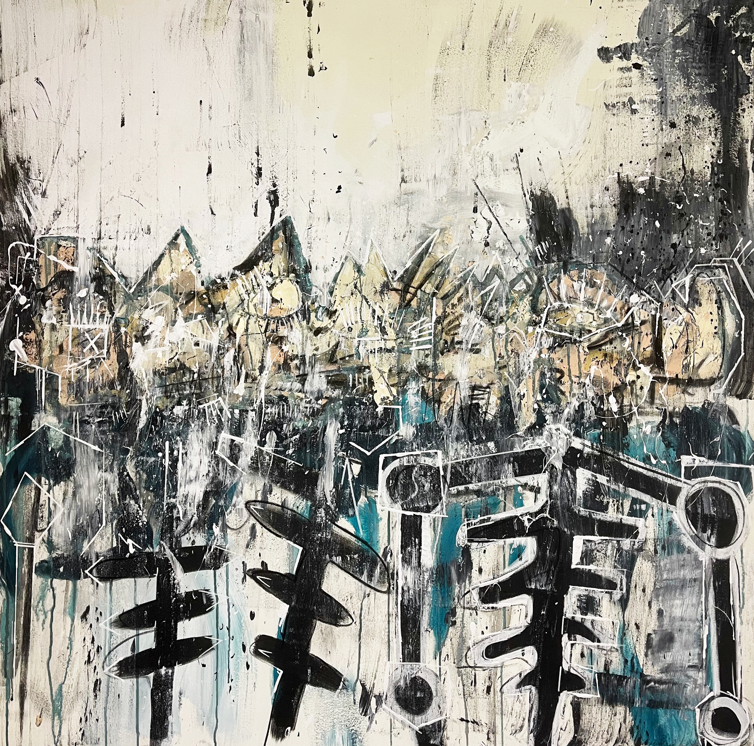 SOLD  
 Merged Into A Man Like You   
€6,400  
120x120cm 
2023 – OMNE TRIUM PERFECTUM 
Triptych 
Acrylic – Spray – Oil Pastel – Oil Stick