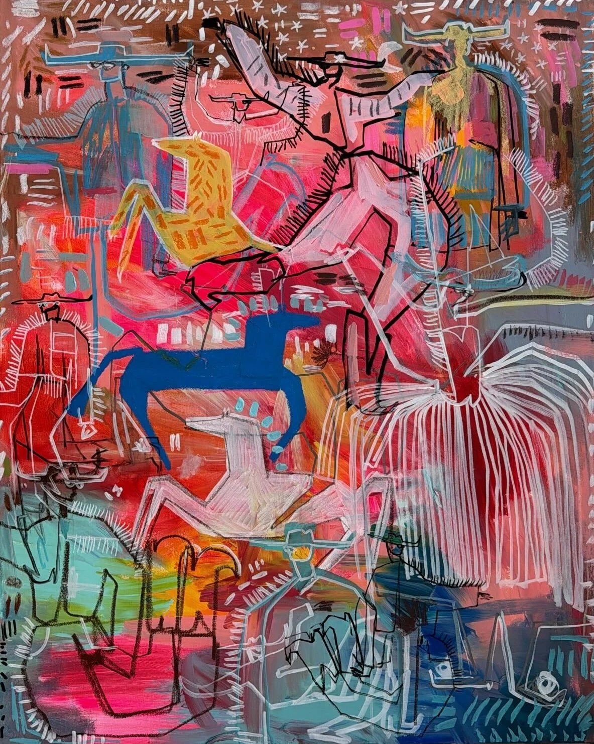    
  Tony Green    
  Rainbow Rodeos from the Portantarika series    
Acrylic, ink and pastels on canvas,  
100 x 80 cm, 2026  
€ 3790