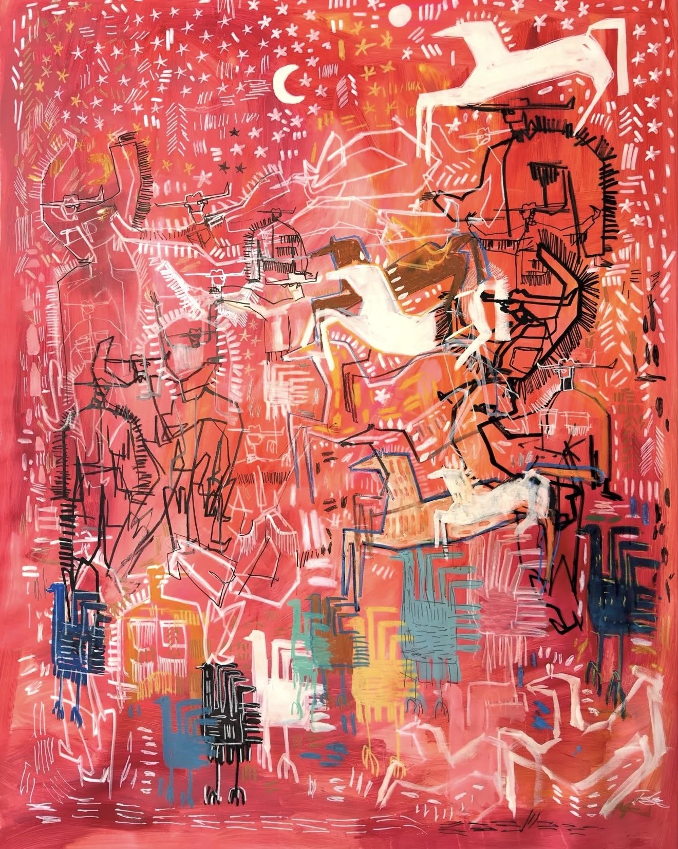    
  Tony Green    
  Rasberry Horses from the Portantarika series    
Acrylic, ink and pastels on canvas,  
190 x 150 cm, 2026  
€ 6850