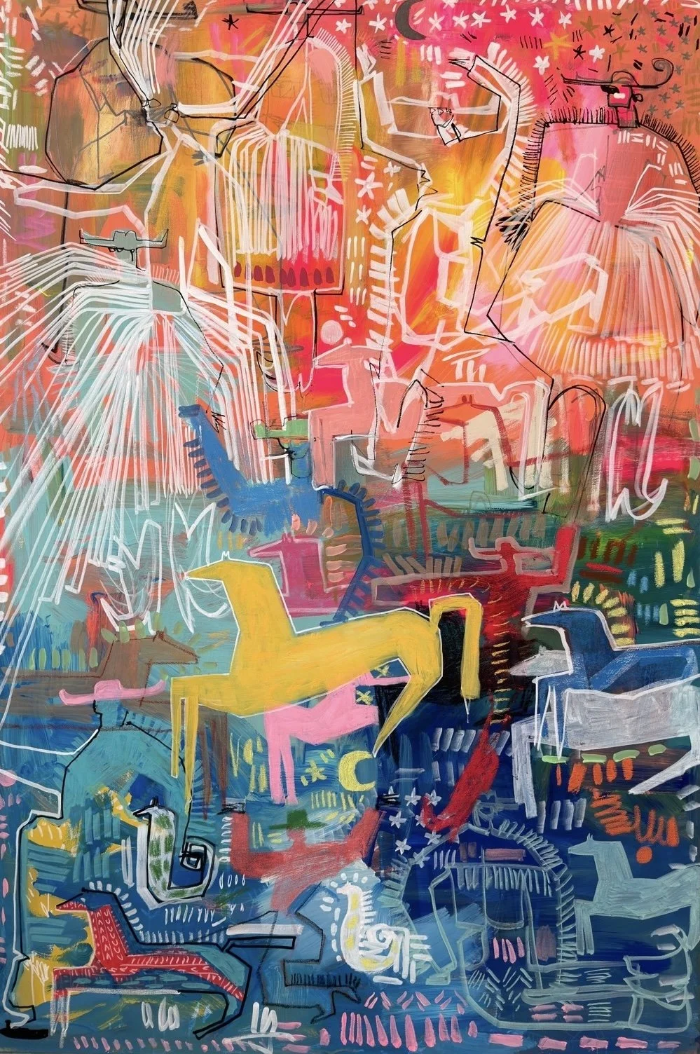    
  Tony Green    
  Dancing with Cowboys from the Portantarika series    
Acrylic, ink and pastels on canvas,  
150 x 100 cm, 2026  
€ 5150
