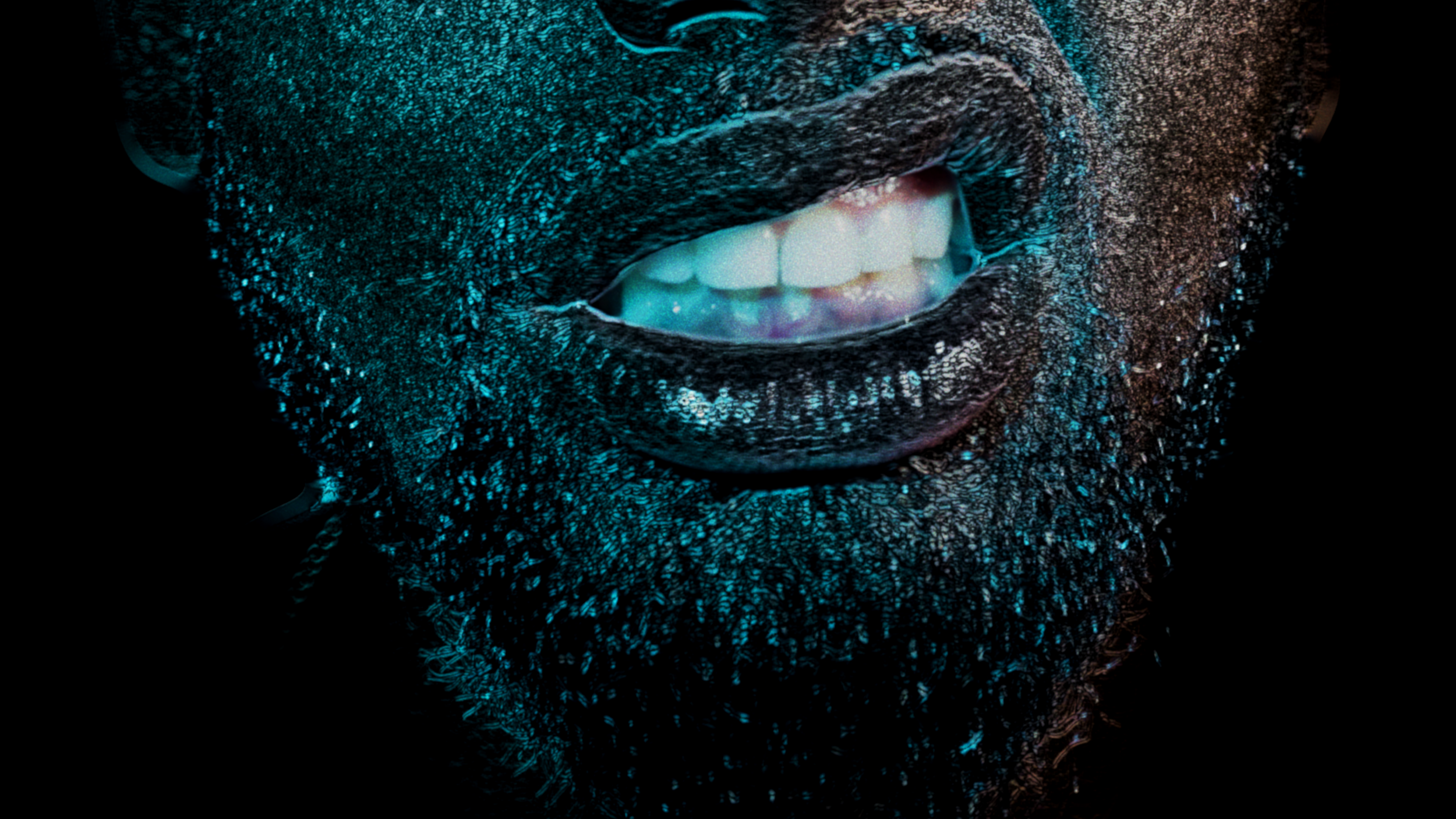 Close-up of a person's mouth showing teeth, with textured black facial hair, illuminated with blue and red lighting against a black background.