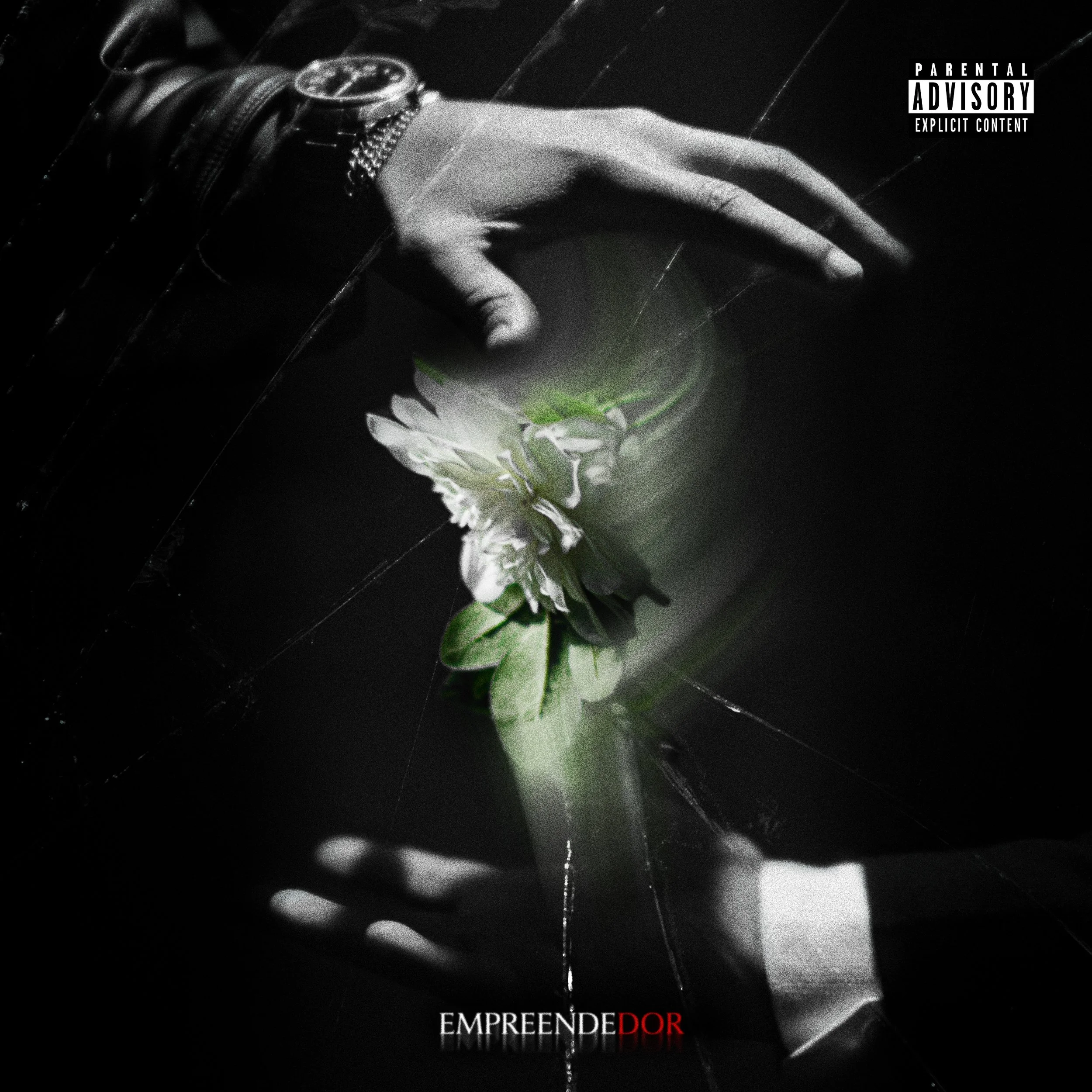 A black-and-white image of a hand wearing a watch and bracelets, reaching towards a flower, with the word "EMPREENDEDOR" written at the bottom in bold text. EMMVR - EMPREENDEDOR EP COVER