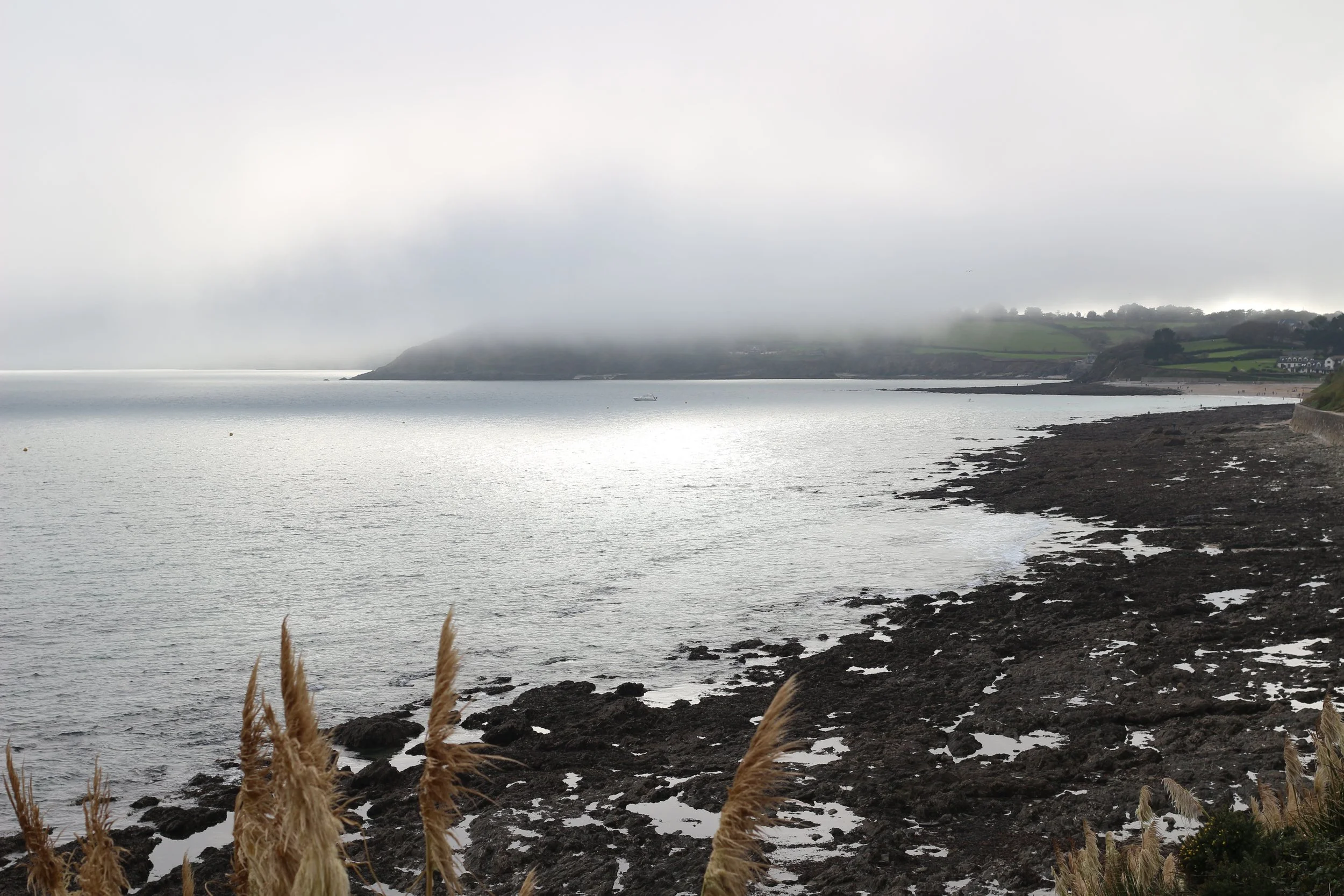 A cloudy overcast day at Gylly Beach with calm water, rocky shoreline, grassy plants in the foreground, and green hills with houses in the background.