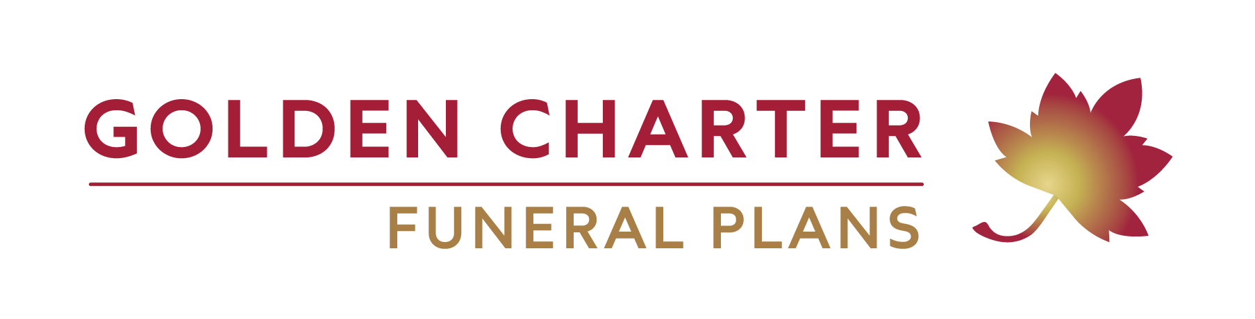 Golden Charter funeral planning logo with a red and yellow gradient, featuring a glowing effect and a leaf next to the text.