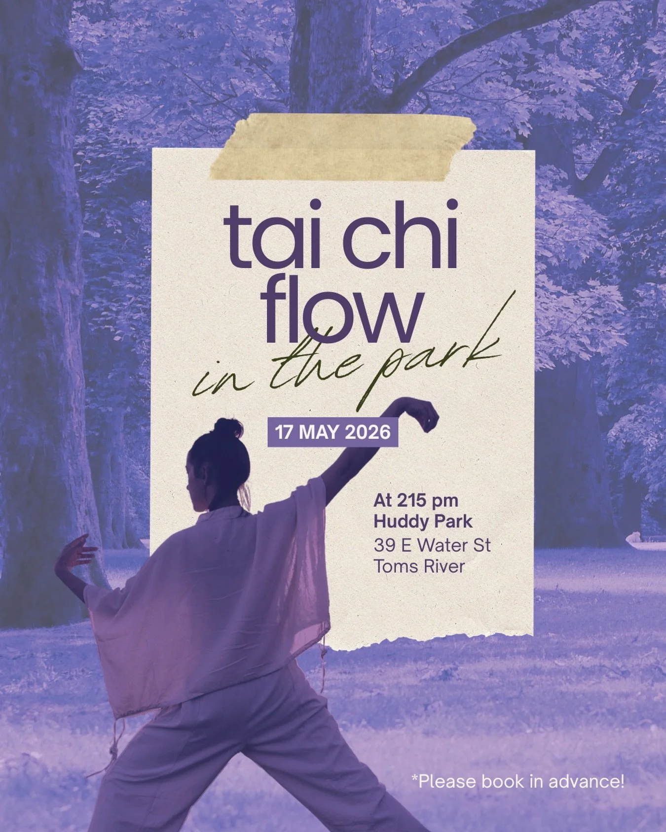 Fresh air + mindful movement = a perfect spring Sunday afternoon 🌷☀️

We&rsquo;re taking our Tai Chi Flow class outdoors &mdash; just down the street from the studio to Huddy Park! Join us for a special 60-minute experience designed to help you slow