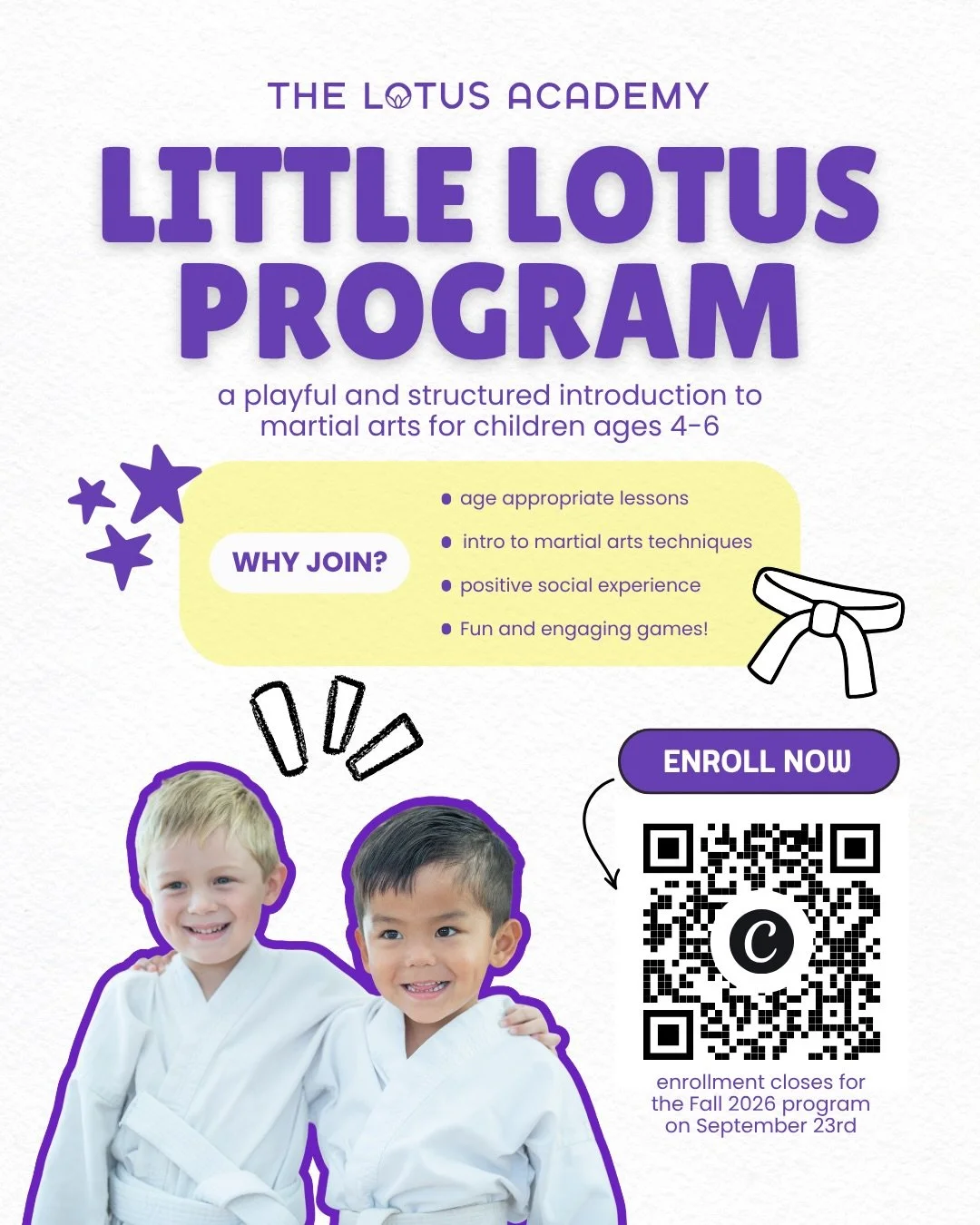 It&rsquo;s that time of year again! 🍂

Our Fall 2026 Little Lotus Program kicks off next Wednesday, September 23rd 🪷🥋

Every Wednesday &bull; 5pm
September 23rd - November 11th (8 weeks)

Spots are limited &mdash; don&rsquo;t miss out! 

Visit the