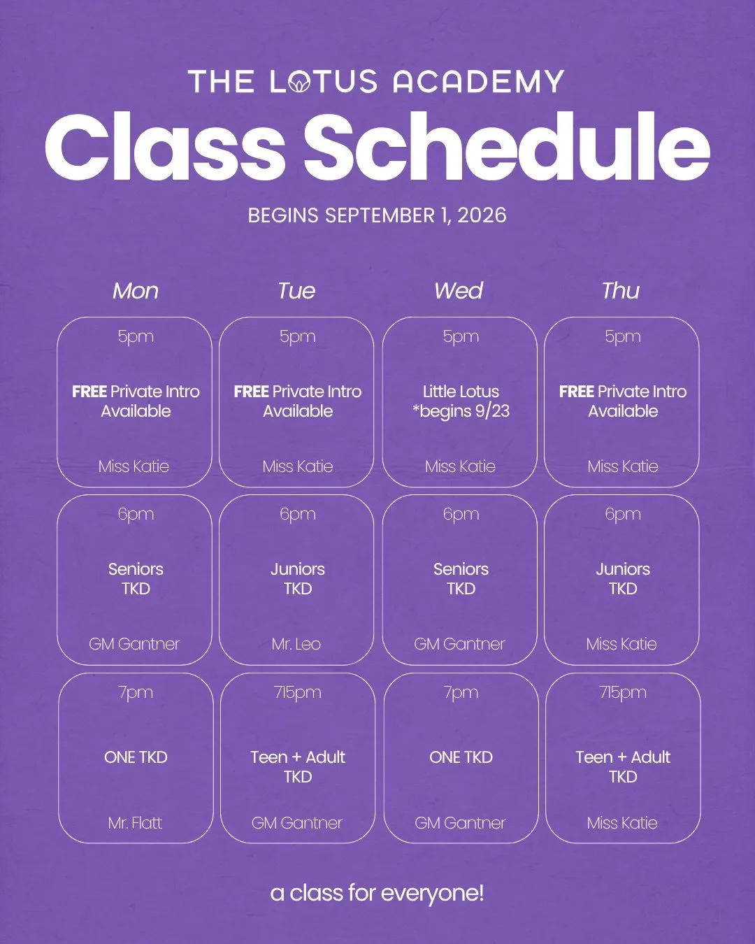 We&rsquo;re back on socials and ready to welcome Fall with a brand new class schedule 🍂

Whether you&rsquo;re 4 or 74, there is a place for you on our mats and a class designed specifically for you:

🪷 Little Lotus (ages 4 - 6)
🪷 Juniors TKD (ages