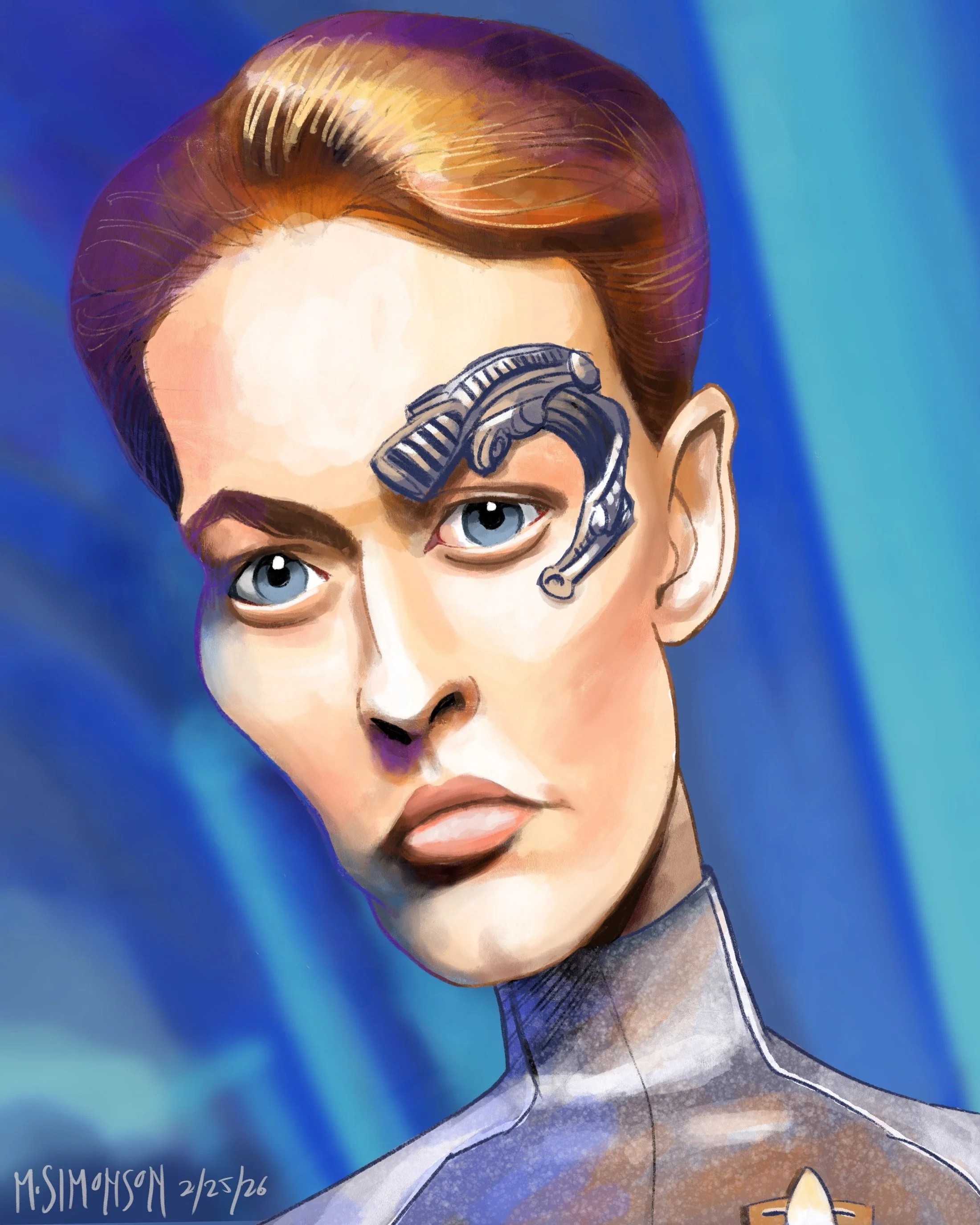 Caricature of Jeri Ryan as Seven of Nine from Star Trek Voyager