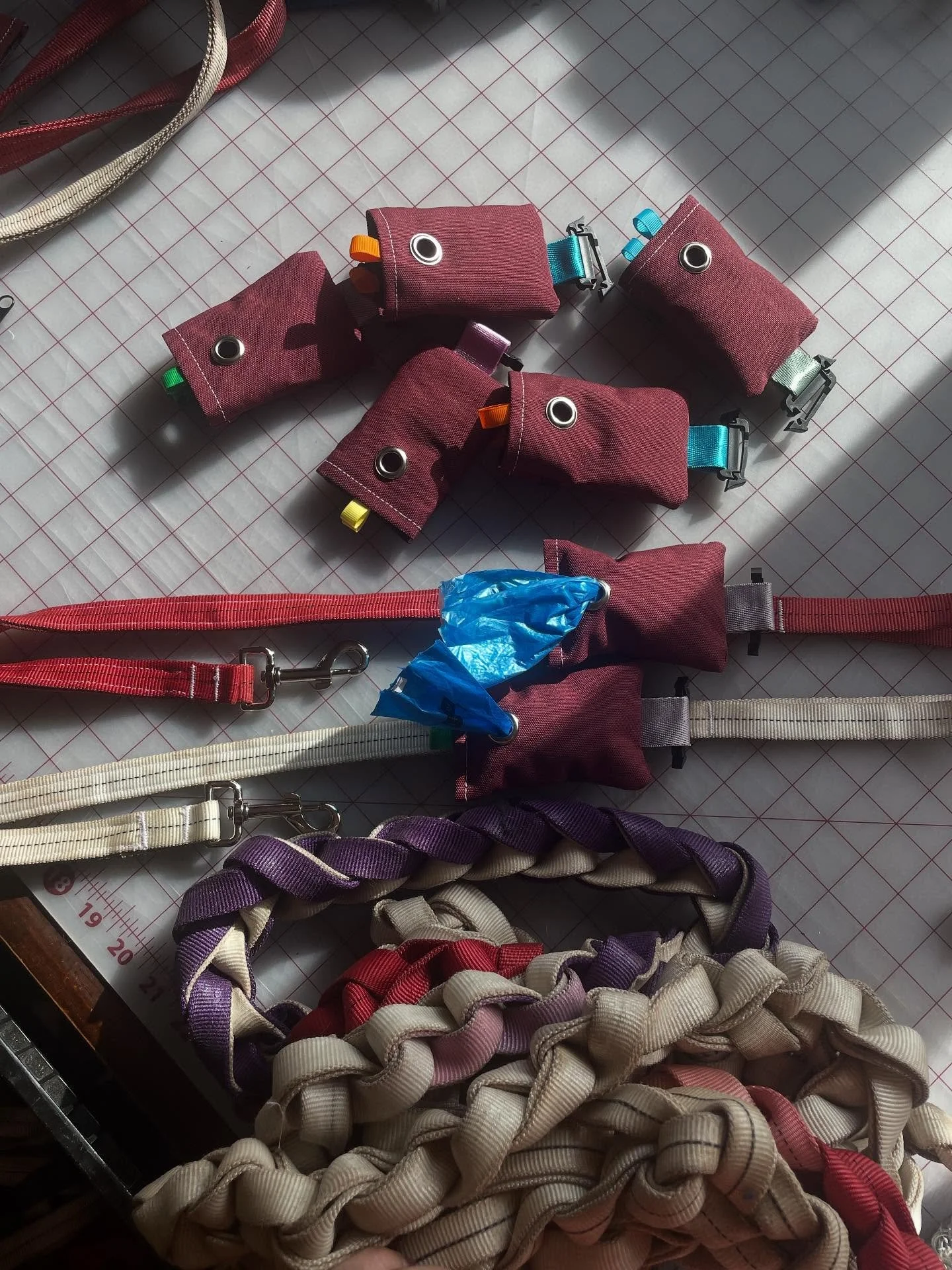 I&rsquo;m working on making some affordable recycled gifts for Christmas markets this year! Dog leashes and waste bag dispensers brought to you from expended rappeller webbing and yurt canvas!