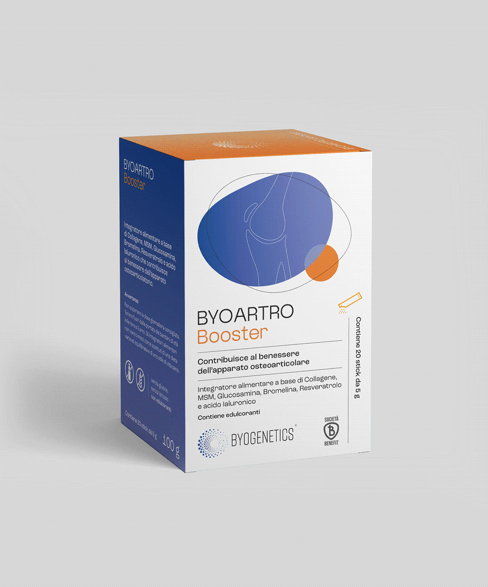 Scatola di integratori chiamata BYOARTRO Booster, con disegno stilizzato di un'articolazione, colore blu e arancione, contenente 30 stick da 5 g, prodotti da BYOGENETICS.