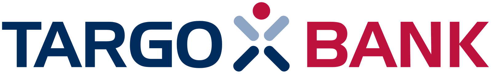 Logo mit den Worten "Targo Bank" und einem abstrakten Symbol in den Farben Blau, Grau und Rot.