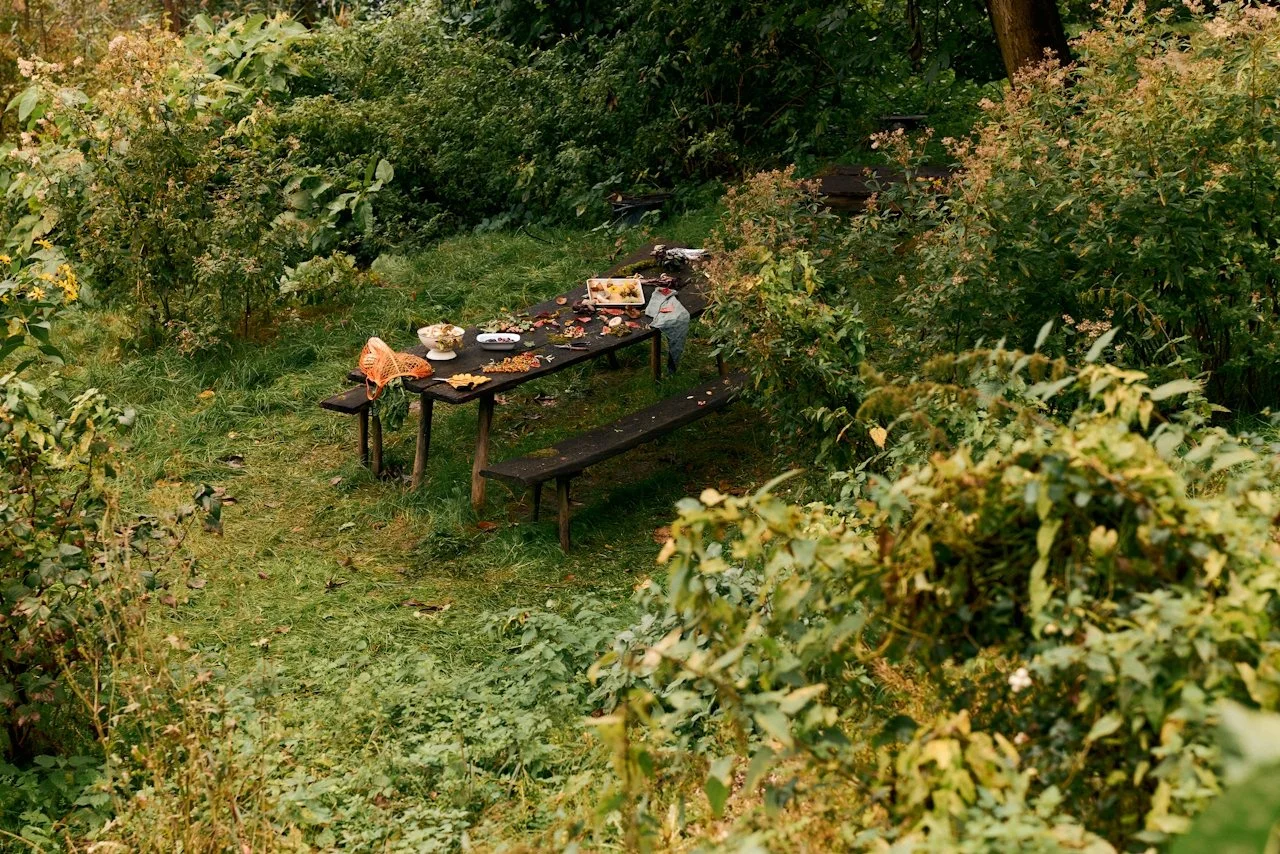A messy outdoor picnic table with leftover food and trash, surrounded by overgrown bushes and grass.