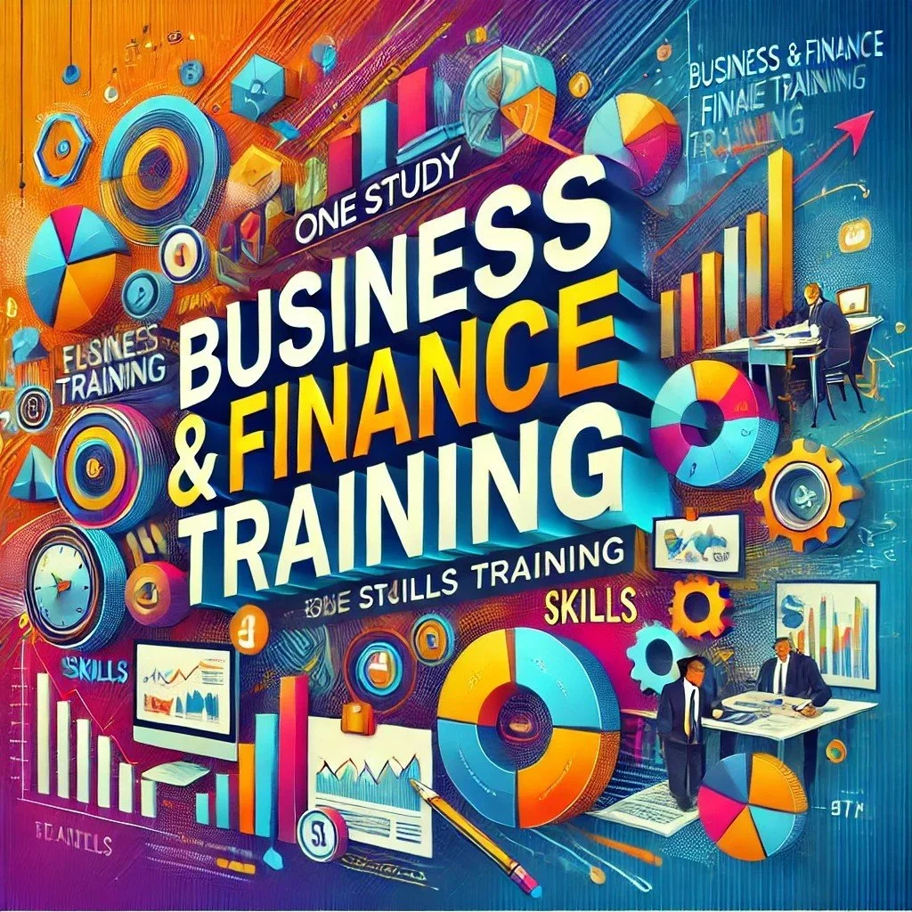 Colorful graphic depicting business and finance training, with charts, pie graphs, bar graphs, gears, and people working at desks, emphasizing skills development and learning.