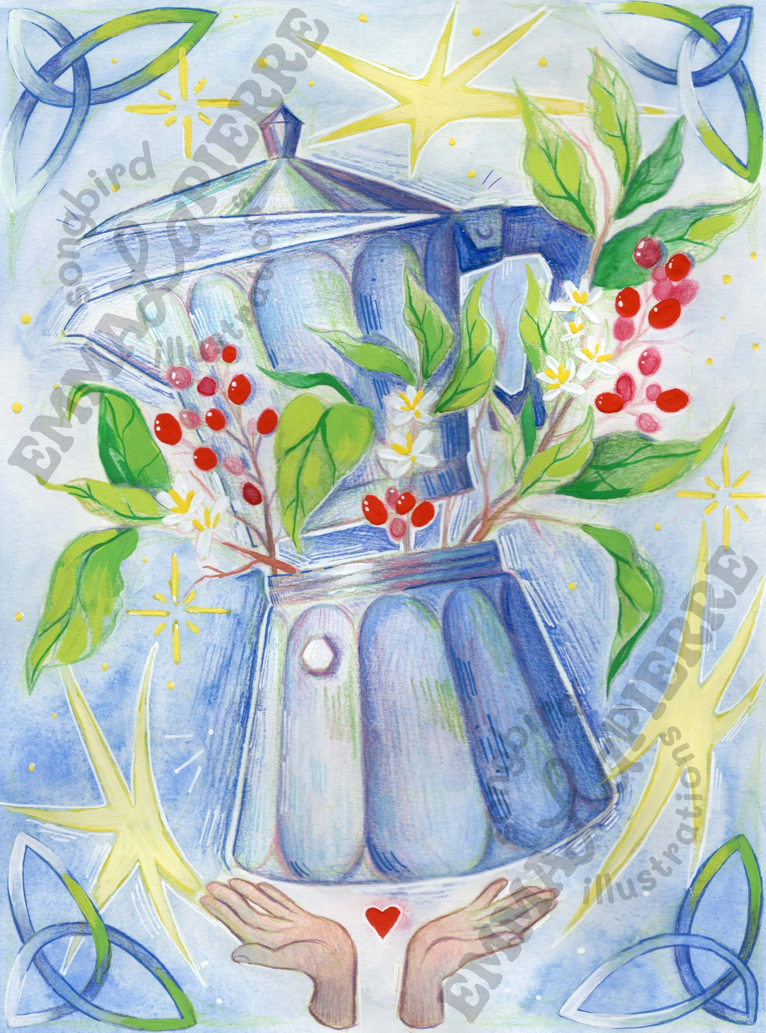 Coffee (Coffea arabica)
watercolor, gouache, colored pecils