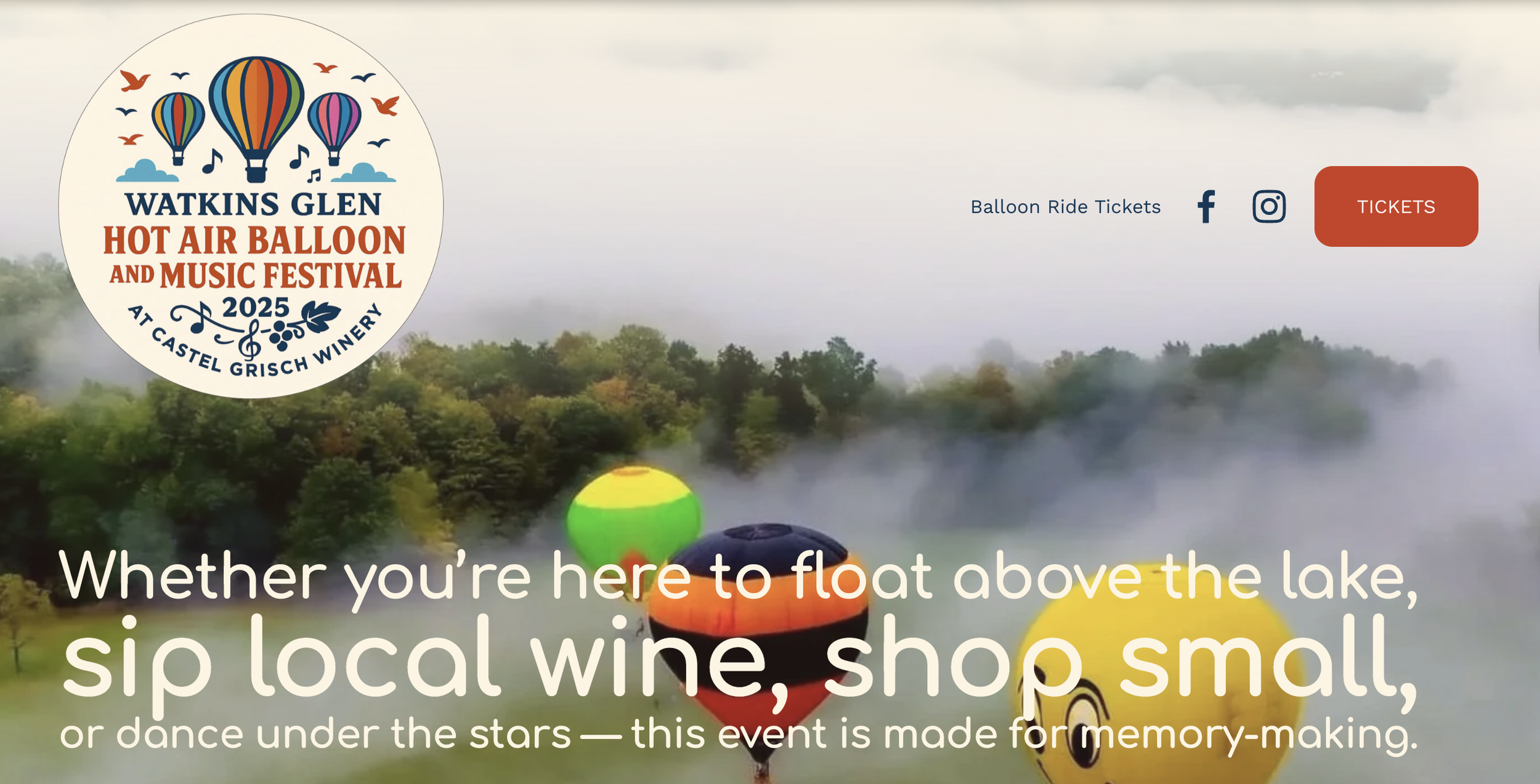 A promotional webpage for the 2025 Watkins Glen Hot Air Balloon and Music Festival at Castel Grisch Winery. The background features a foggy landscape with colorful hot air balloons in the sky. Text invites visitors to float above the lake, enjoy local wine, shop small, or dance under the stars, emphasizing the event as a memory-making experience.