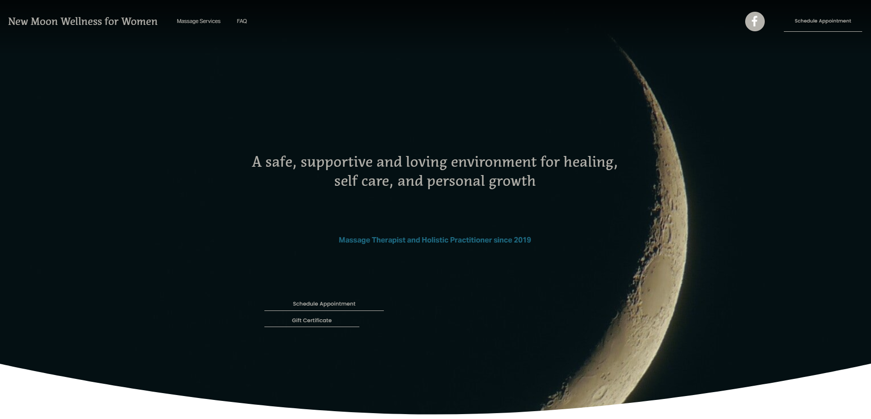 Homepage of New Moon Wellness for Women with a dark moon phase background, featuring a crescent moon on the right side, and text about creating a safe, supportive environment for healing, self-care, and growth.