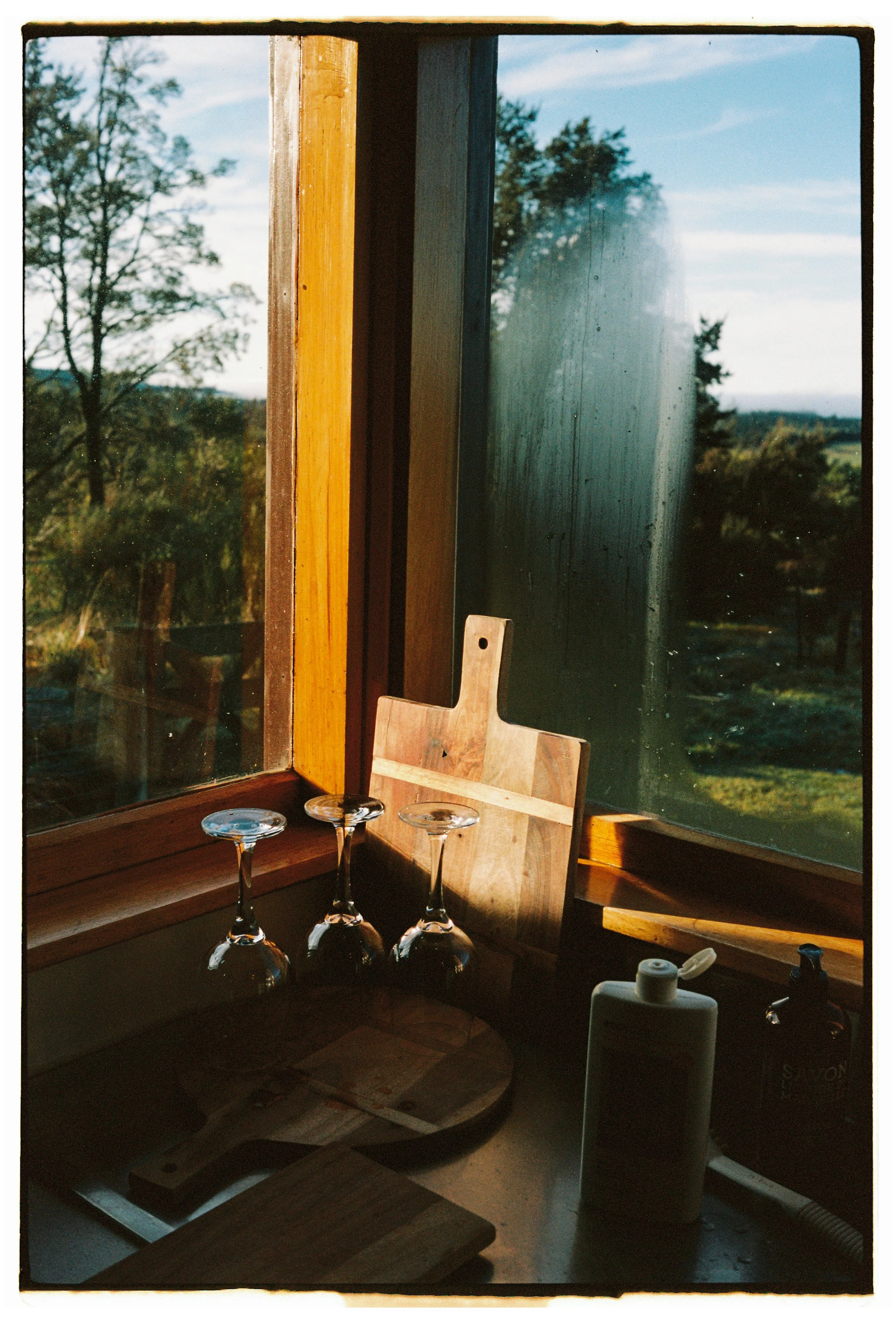 Interior view of a room with three empty wine glasses upside down on a wooden surface, a wooden cutting board, some bottles, and a window with a view of trees and a blue sky outside. Film photography by Anabela de Sousa