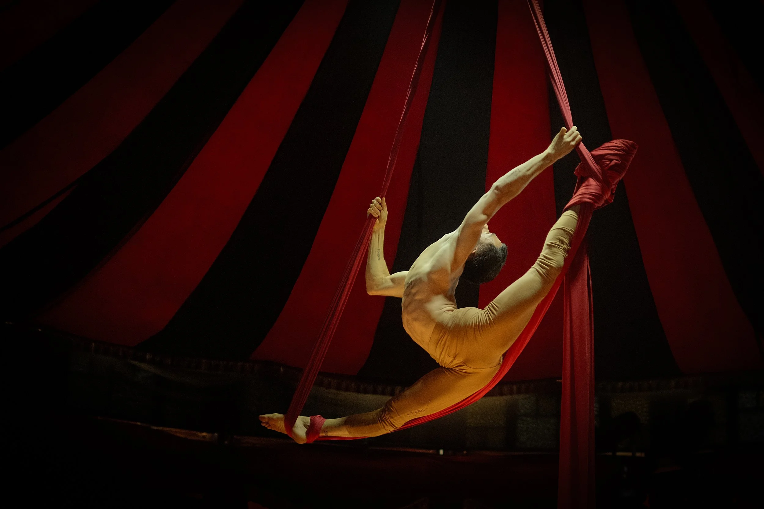 An aerial silk performer mid-air on stage, Edinburgh Fringe 2025. Performance Photography by Anabela de Sousa.