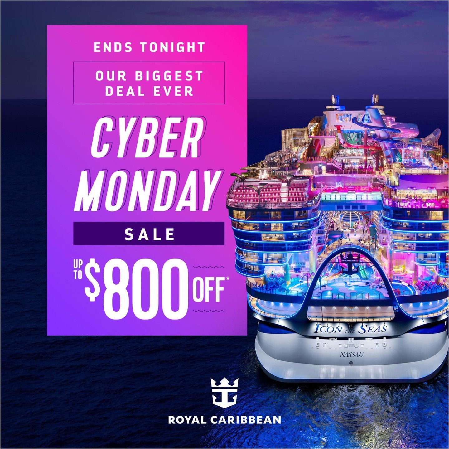 Don&rsquo;t miss out on Royal Caribbean's biggest sale ever ending tonight! ✨ Dive into savings of up to $800 off your next adventure. Book now and set sail towards unforgettable memories!  #RoyalCaribbean #CyberMonday