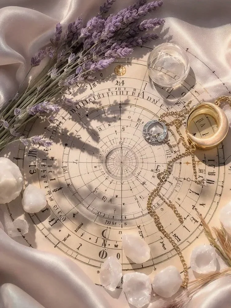 A flat lay of a circular astrological chart or clock face with gold and black markings, surrounded by white silk fabric. It includes a sprig of purple lavender, a clear glass sphere, a gold necklace with a diamond, and a gold ring. White rocks or crystals are scattered around.