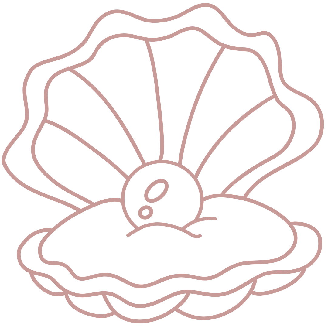Outline drawing of a clam shell with an oyster inside, shown in a minimalistic style.
