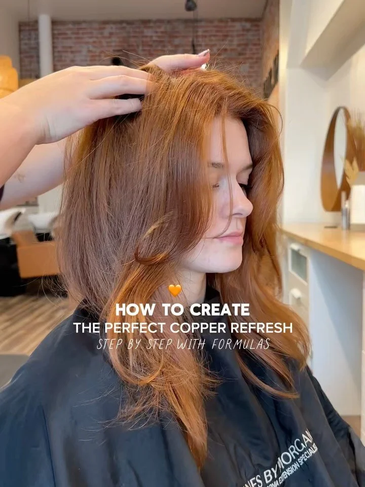 Copper refresh, but make it intentional + effortless 🍁✨

Here&rsquo;s exactly how we revived this shade step by step:

1️⃣ Root Touch-Up
A fresh, seamless base to bring richness back to her copper.

2️⃣ Bleach Wash
A gentle lift to brighten the ends