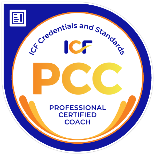 Certification badge for ICF Professional Certified Coach, featuring ICF logo and a circular design with blue, orange, and yellow accents.
