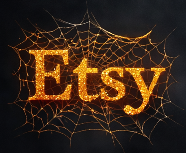Decorative doorhanger spelling "Etsy" with spider web design and hanging pearl accents.