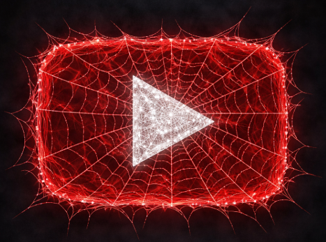 YouTube logo with a spiderweb design and a play button in the center.