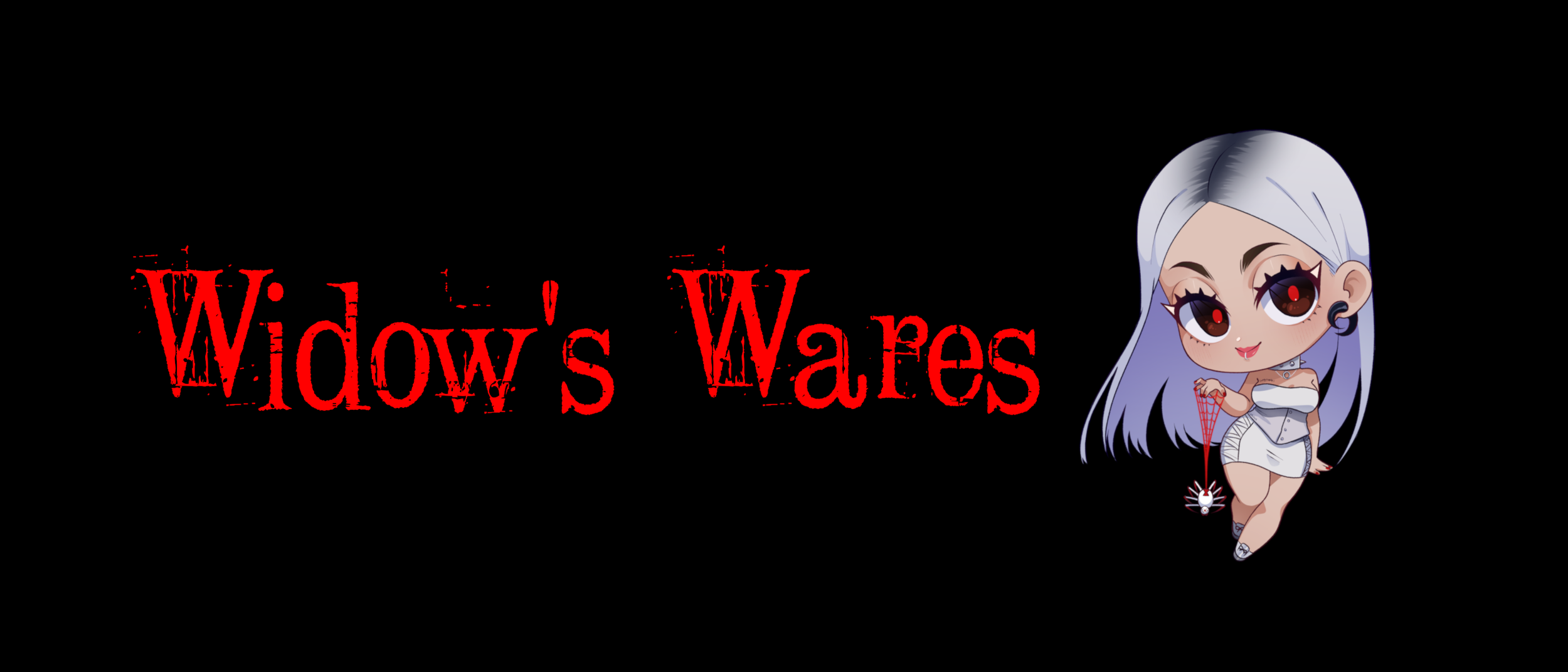 Illustration with text 'Widow's Wares' in red letters and a cartoon goth girl with silver hair, black eye makeup, a white dress, holding a spider web with a Porcelain Widow hanging from it.