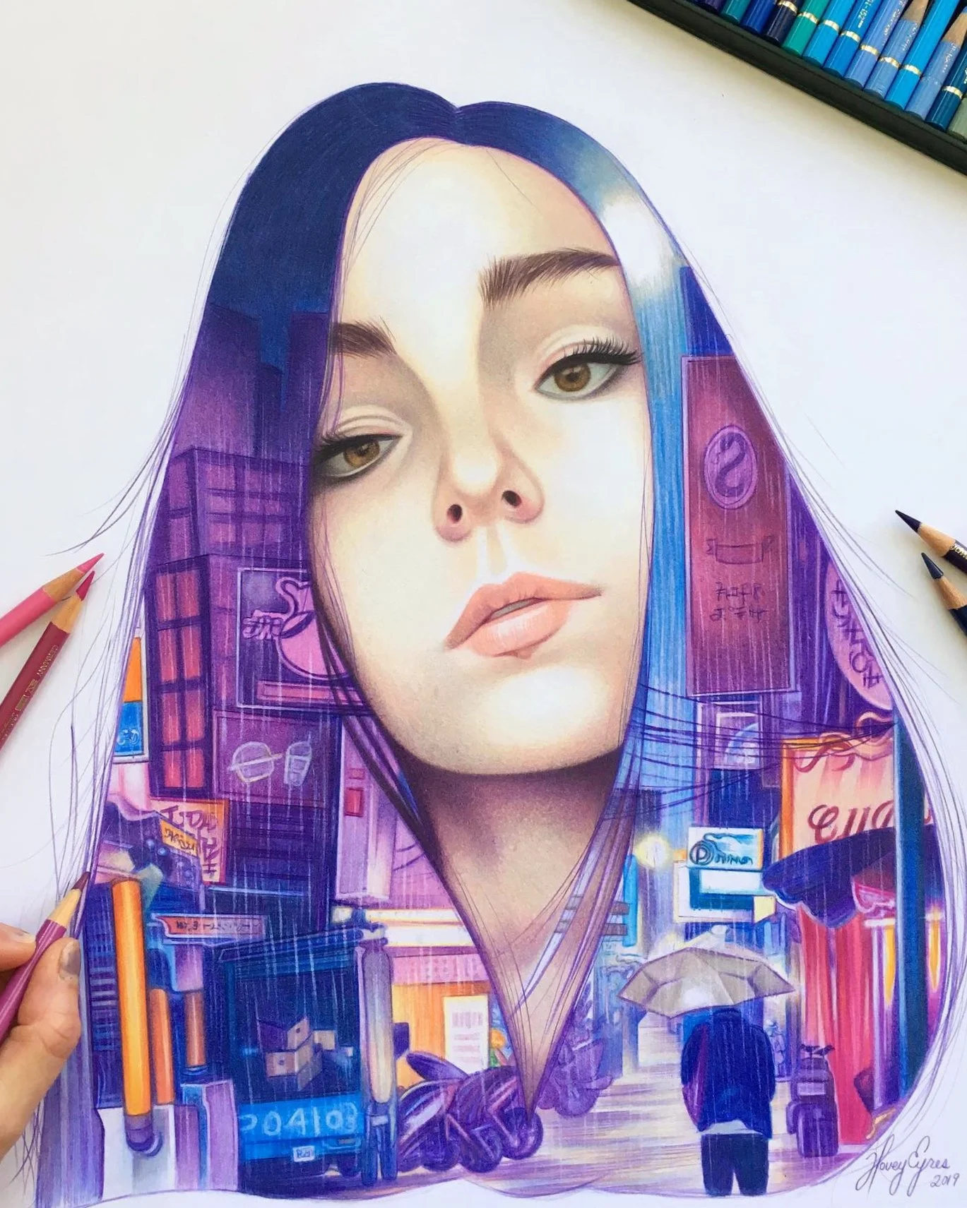 Tokyo Night — Coloured pencil on paper, 2019