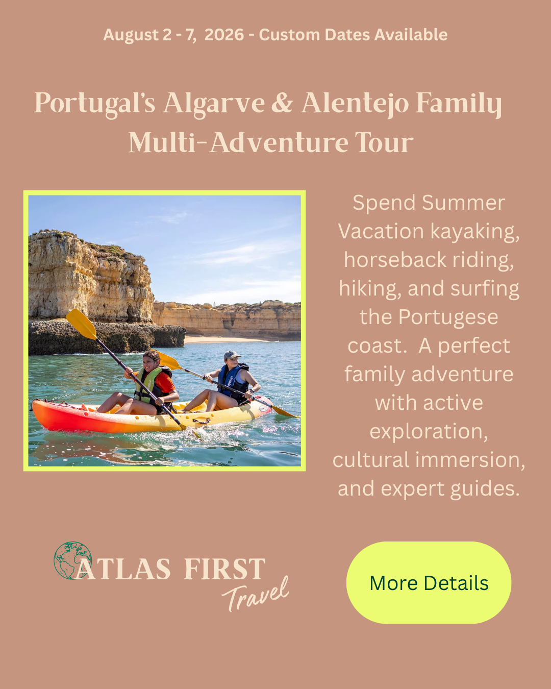 Atlas First Travel and Backroads family tour to Portugal visiting the Algarve for a summer vacation with hiking, biking, kayaking and horseback riding.