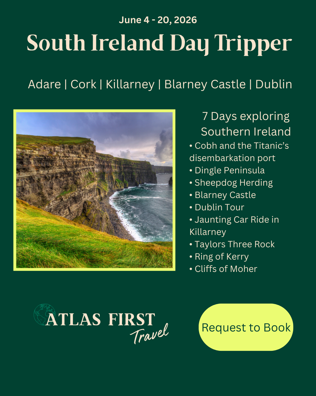 Set your Irish home base in the lovely village of Adare, then set out on day trips to some of Ireland's most beautiful scenery and iconic sites.
