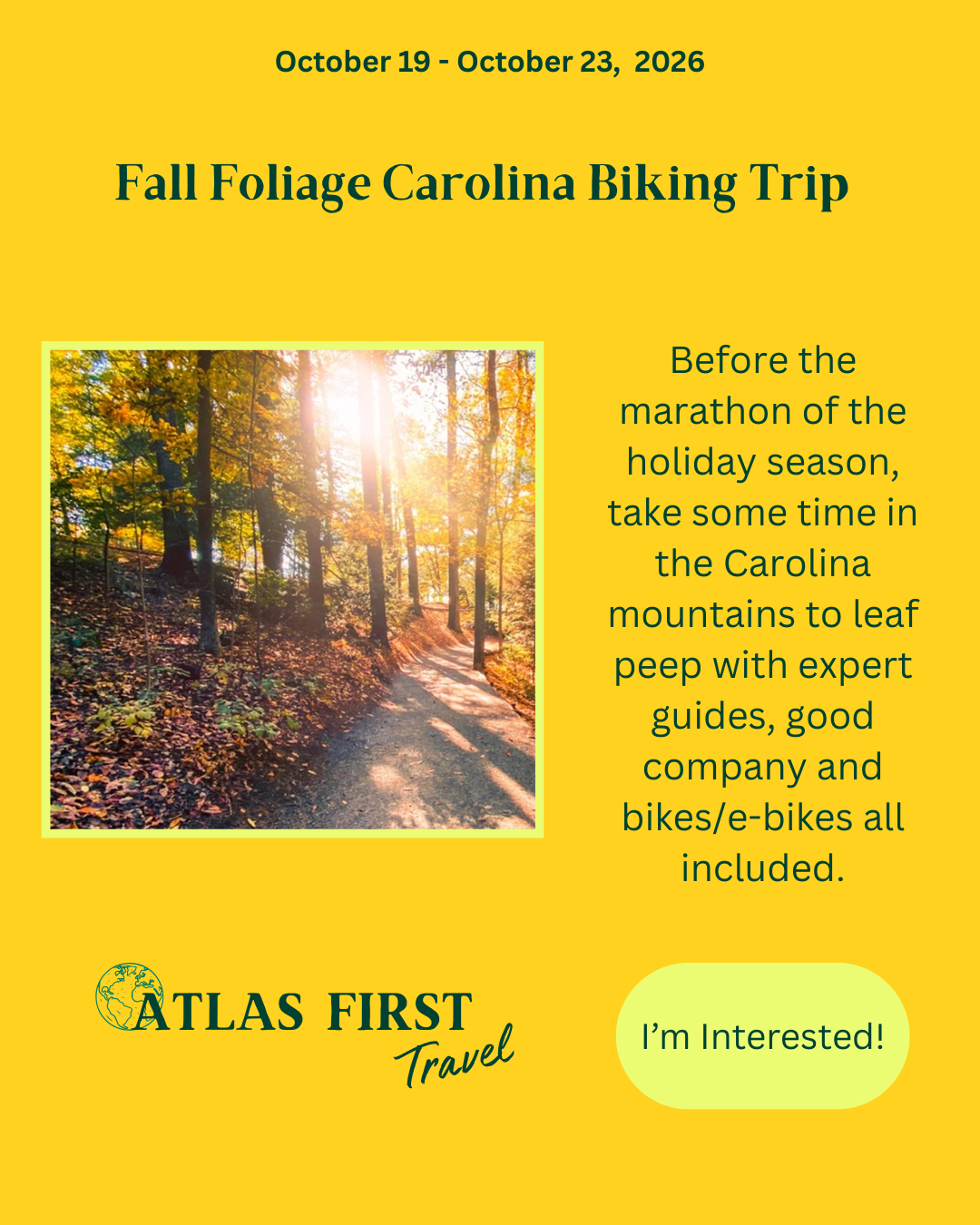 Before the marathon of the holiday season, take some time in the Carolina mountains to leaf peep with expert guides, good company and bikes/e-bikes all included.