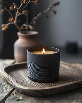 Black scented candle with a lit flame on a wooden tray, blurred vase with dried branches in background