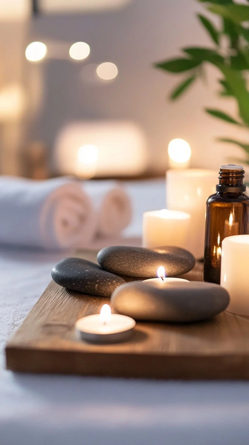 Relaxation scene with candles, smooth stones, and essential oil bottle on a wooden tray in a spa setting.