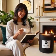 A woman sitting on a couch reading a book, with a lit candle on a table in front of her, in a cozy living room