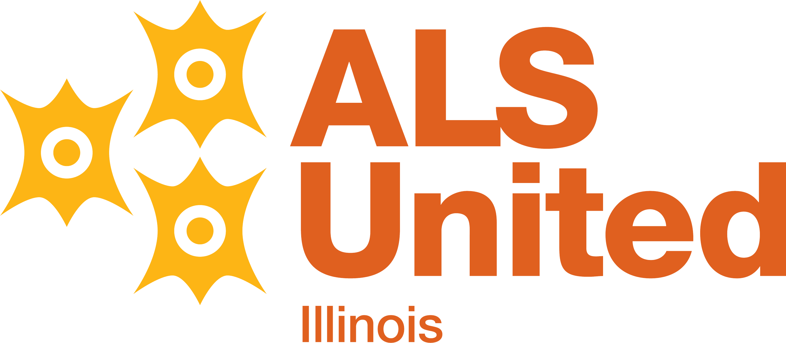 Logo for ALS United Illinois featuring orange text and yellow starburst shapes with black circles.