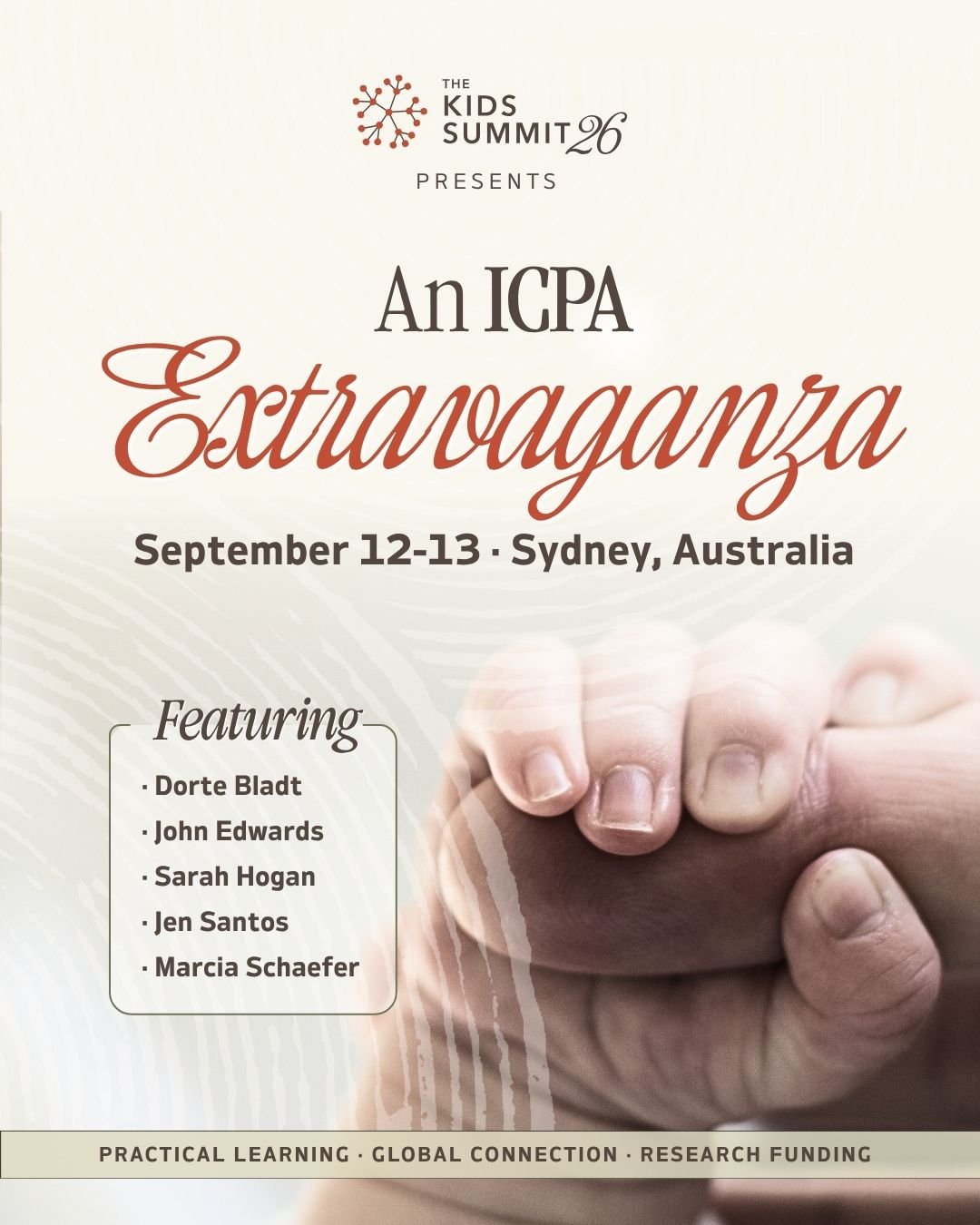 Event poster for The Kids Summit 26 featuring An ICPA Extravaganza on September 12-13 in Sydney, Australia, with a background image of two hands holding fingers together.