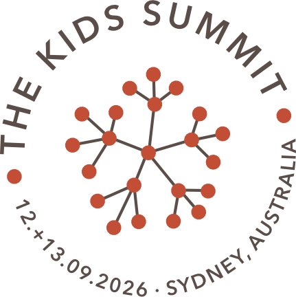 Circle logo with interconnected nodes and text reading 'The Kids Summit' at the top, and event details '12-13.09.2026', 'Sydney', 'Australia' at the bottom.