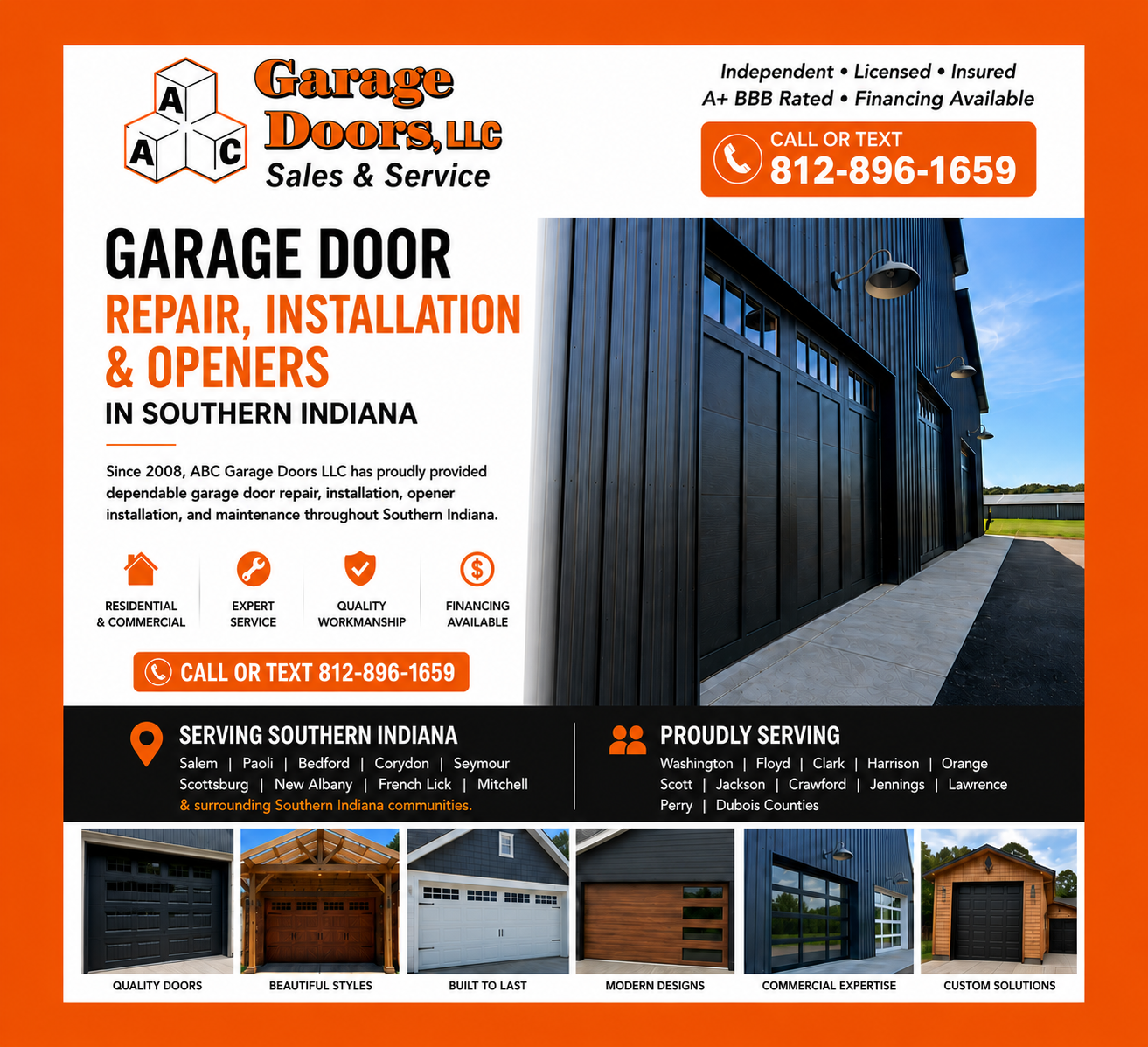 Business advertisement for Garage Doors LLC offering repair, installation, and openers in southern Indiana, with a large photo of a dark blue garage door and smaller images of various garage doors at the bottom.