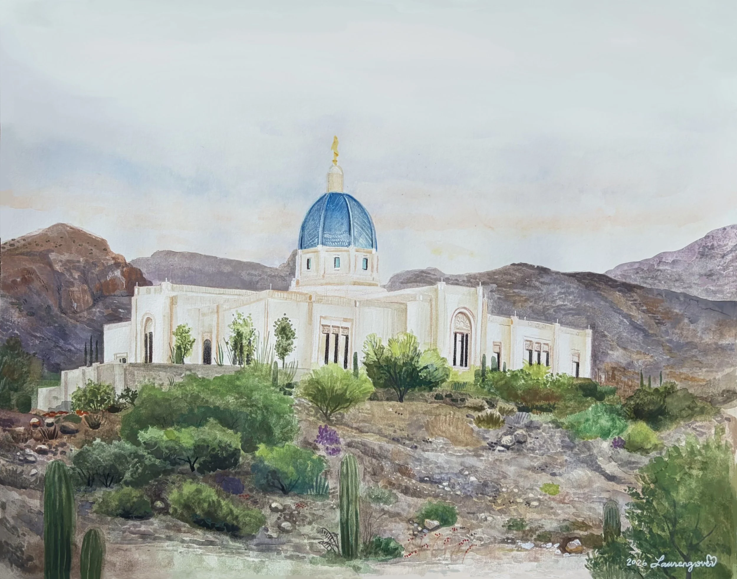 Tucson Temple, 2026, 11 in x 14 in, watercolor