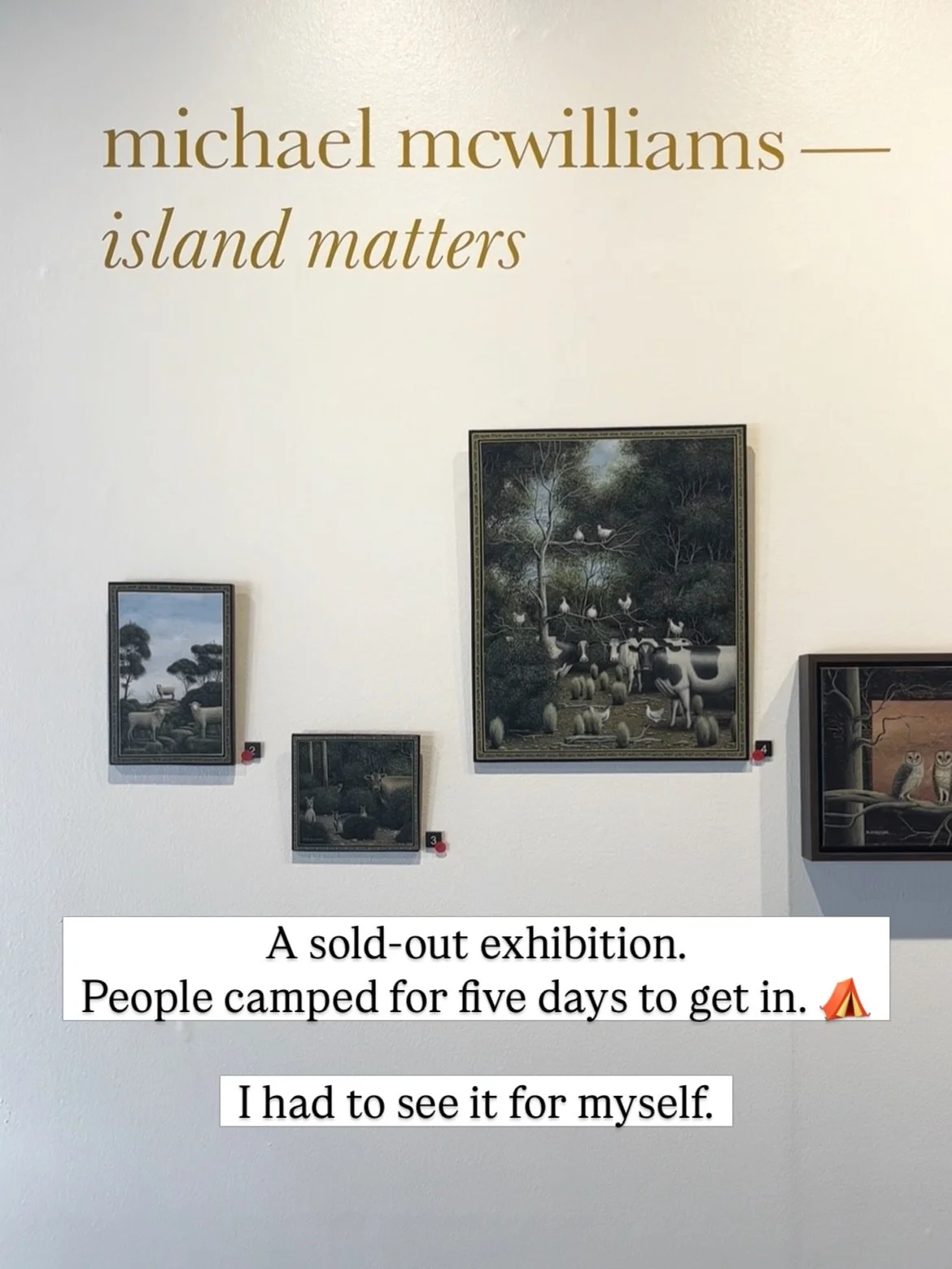 Five days.

That&rsquo;s how long people camped to get in first for this exhibition by Michael McWilliams, Island Matters, at @handmarkgallery.

I finally went in to see it for myself. I&rsquo;ve never seen Michael&rsquo;s paintings in person before.