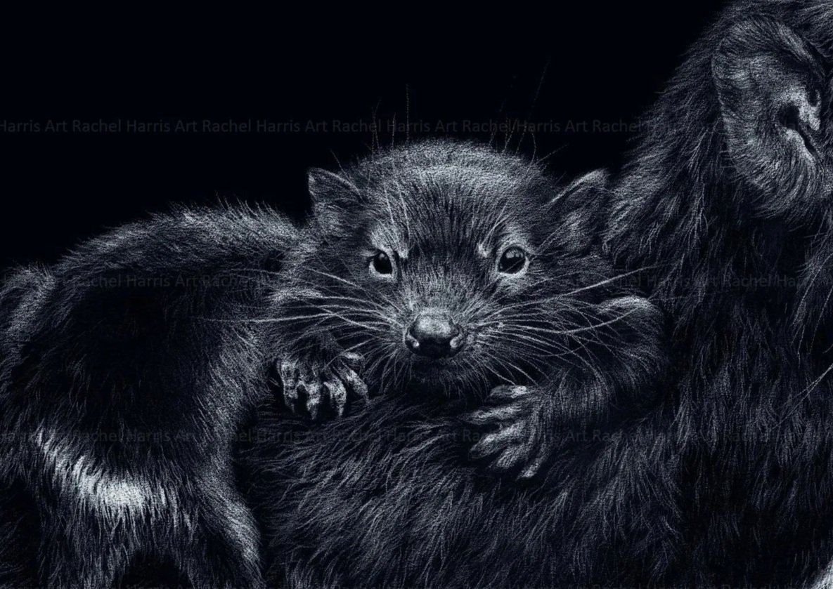 Tasmanian devil mother joeys wall art print reproduction based on a colour pencil drawing by Tasmanian wildlife artist Rachel Harris Art nature-inspired home decor Australian animals